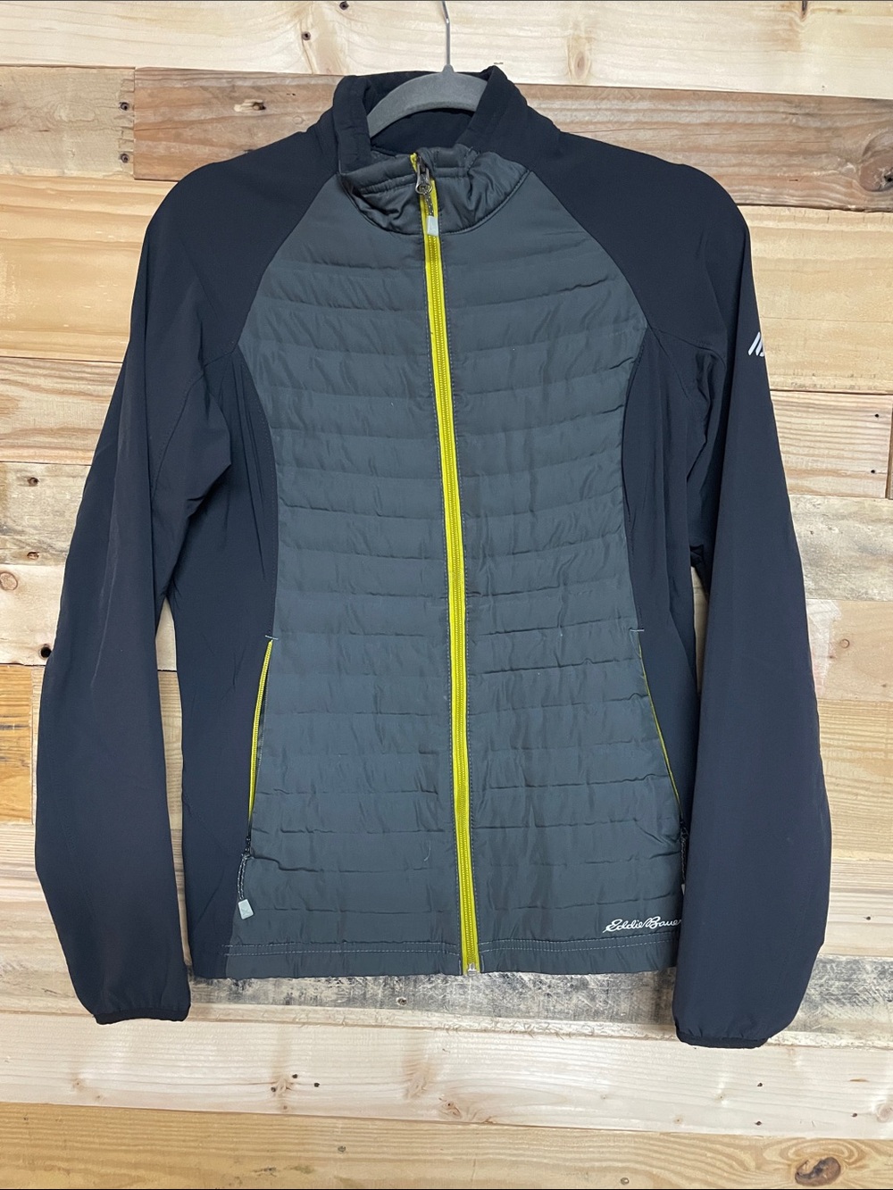 Eddie Bauer Black & Charcoal Jacket with Yellow Zipper- Large